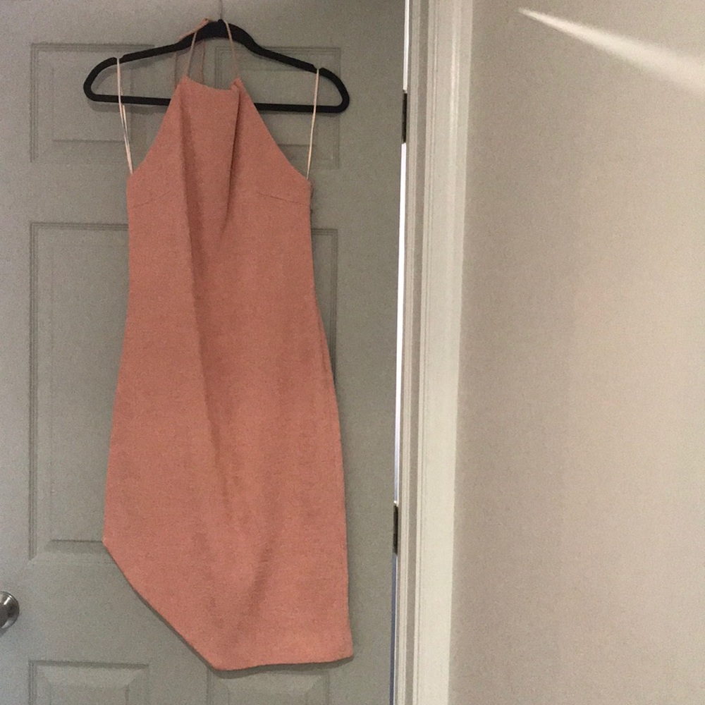 Halter style cocktail dress with asymmetrical hem